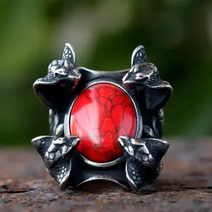 Men's New 316L Stainless Steel Punk Ring with Four Snake Heads and Red Zircon, Fashion Biker Animal Jewelry
