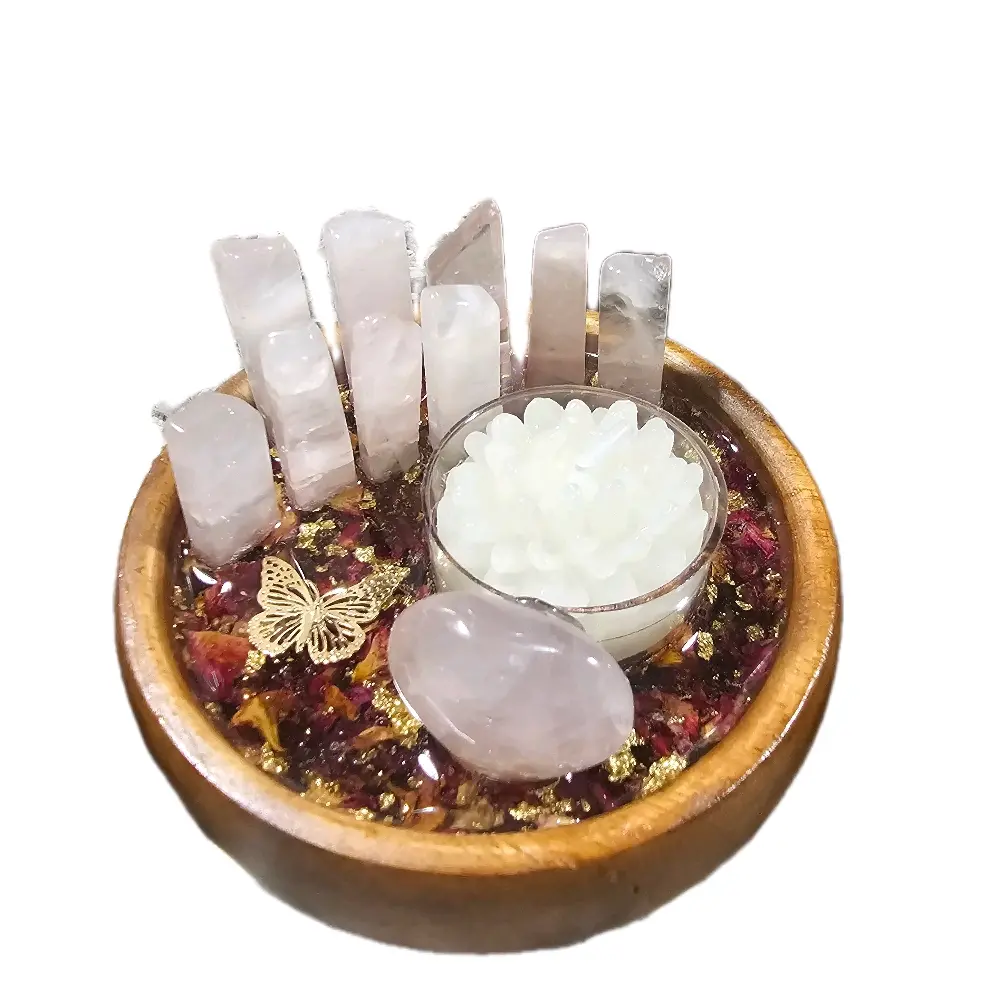Rose Quartz Heart & Towers Handmade Intention Bowl with Real Dried Rose Petals Gold Leaf & Butterfly Charm for Love Healing Transformation