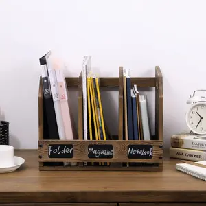 Burnt Brown Wood Office Desktop Document File Folder Binder Storage Organizer Rack with Chalkboard Labels