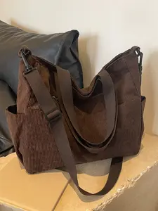 Multifunctional Corduroy Large Capacity Tote Bag, Casual Commuter Bag, Multiple Pockets Design, Easy to Fit Daily Essentials, Long Shoulder Strap Included