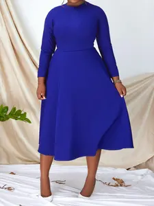 【Plus Size】 Plain Round Neck Midi A Line Dress, Elegant Long Sleeve Crew Neck Dress for Party Holiday Wedding Guest, Women's Clothes for Fall & Winter, Womenswear