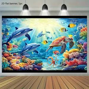 2D flat banner, 1 piece. A vibrant two-dimensional fabric painting depicting an underwater scene, featuring dolphins, turtles, corals and starfish. This is a colorful wall decoration painting. kdj