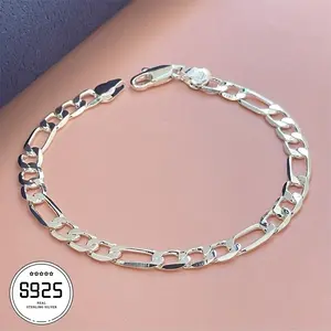 925 Sterling Silvery Figaro Bracelet, 4mm Figaro Bracelet For Men And Women, Simple And Veatile Accessories, New Year/ Valentine'S Day/ queue/ music Festival Perfect Gift