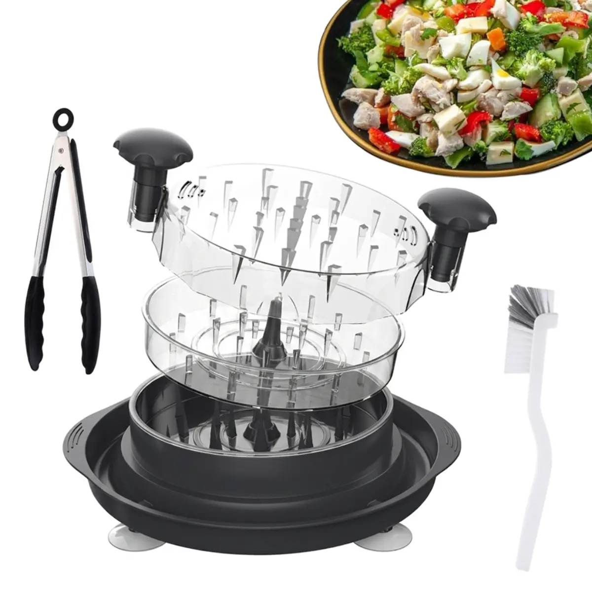 Large Black Twist Chicken Shredder with Cleaning Brush & Fork - Transparent Design, Anti-Slip Strip, Ergonomic Handle, BPA-Free Plastic Lid-Included Kitchen Tool for Pork, Beef Food Prep & Shredding, Utensils, Kitchen Tools, Detachable