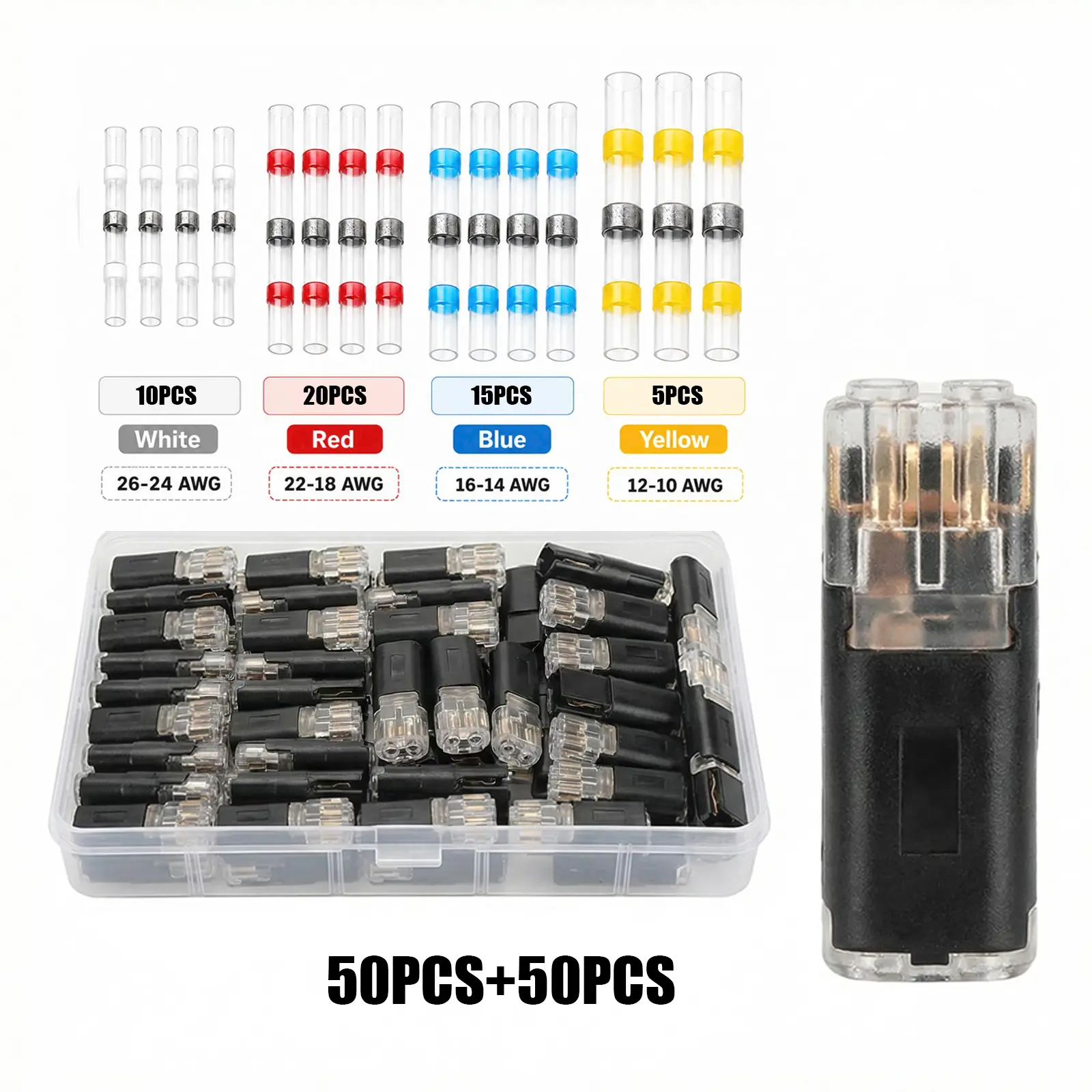 100PCS Solder Seal Wire Connectors Kit, Heat Shrink Butt Connectors with Quick Splice Terminals, Waterproof Electrical Wire Connector Set for Automotive Marine Truck Repair, Car Accessories