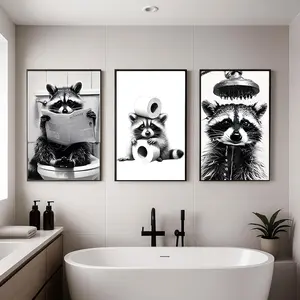 Set of 3 Black and White Raccoon Bathroom Decor Picture Set Minimalist Animals in the Bathtub Poster Set Funny Raccoon Wall Pictures for Living Room and Bathroom Wall Decoration