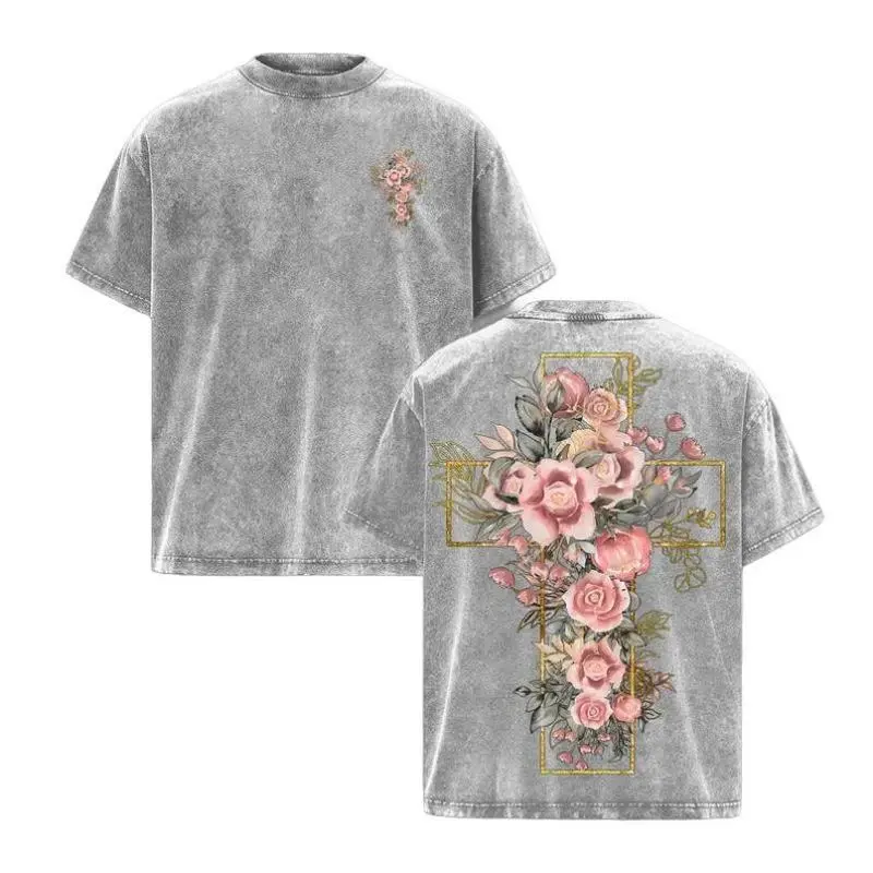 Women's Vintage Oversized Short-Sleeve Round Neck Ribbed Fabric T-Shirt Christian Streetwear Everyday Wear
