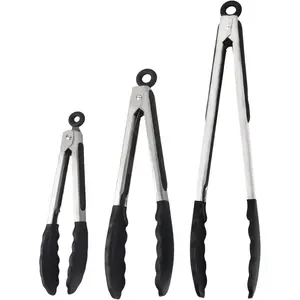 Kitchen Tongs with Silicone Tips, Kitchen Tongs, Cooking Tongs, Premium Stainless Steel Locking Cooking Tongs, Non-Slip Food Tongs for Cooking, Heavy Duty, Non-Stick, 480℉, Set of 3-7"/9"/12" Black laundry tongs