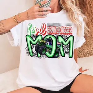 [Made in USA] #Feral Grave Digger Mom Monster Truck Shirt with Checkered Pattern and Classic Round Design, Arena Truck Show Racing Mom Tee, Mother's day shirt, Monster Truck Mama tee, Family outfit, Graphic tee, Y2k Style