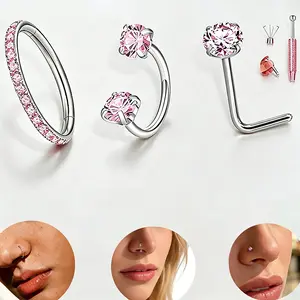 3PCS 18G 8mm Pink Nose Rings for Women,316L Surgical-Grade Titanium Steel Hinge Nose Hoop Horseshoe Nose Rings with Free Gem Picker,Perfect Zircon Nose Piercing Jewelry Kit