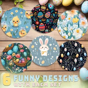 Spring Easter Wood Coaster Set, Pastel Floral & Colorful Easter Egg Patterns with Baby Chicks & Bunnies, Durable Moisture-Resistant Wood Coasters, Ideal for Easter Home Decor & Gifting, Happy Easter Decor, Wooden Coasters