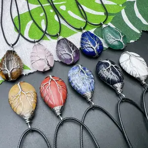1pc Natural Droplet Silvery Wire Wrapped Tree of Life Charm Pendant Necklace