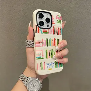 Hand-painted Bookshelf Phone Case iPhone17/17PROMAX/17PRO/16/15/14/13/12/GALAXYS21/S22/S23/S24 Minimalist aesthetic anxiety phone cases Glossy case Fade-Proof Print roo51337