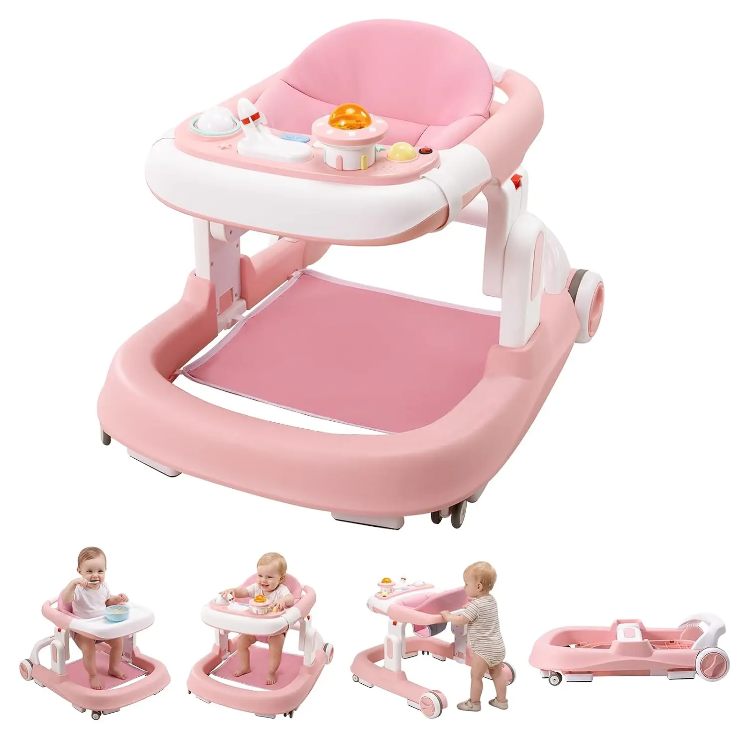 5-in-1 Foldable Baby Walker with Wheels - 6-18 Month Infants Toddlers, 1-Step Fold Structure, 3 Adjustable Heights, Detachable Seat, Speed Control Push Walker for Boys Girls,Baby Gift,First Steps Walker,Baby Development Gear
