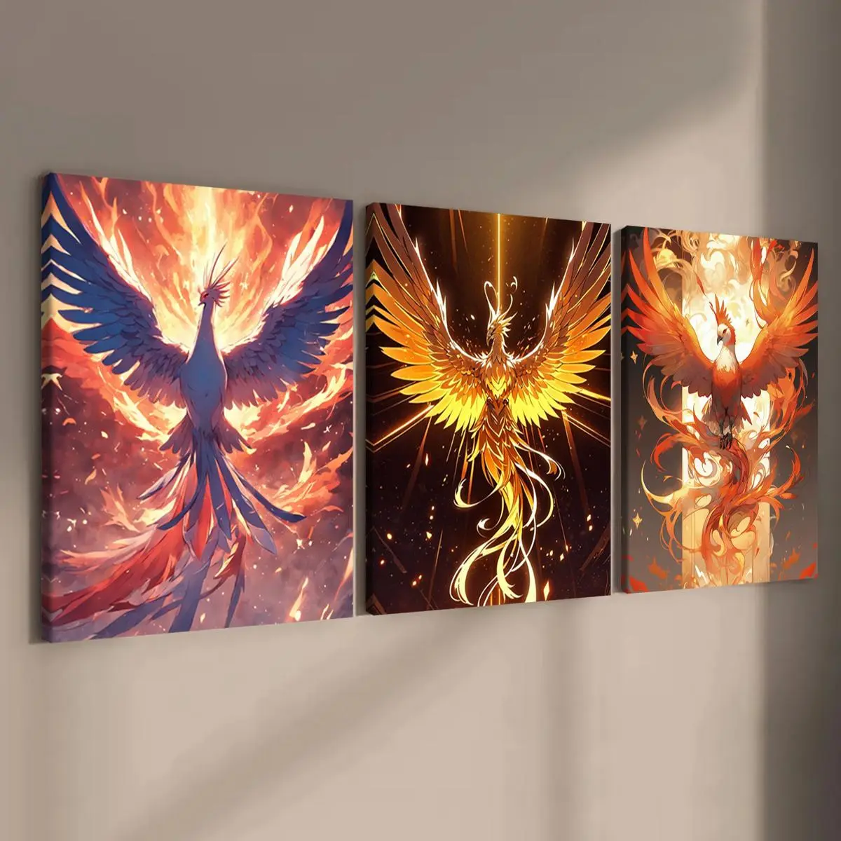 Cartoon Phoenix Pattern Canvas Painting with Frame, 3 Counts/set Modern Animal Wall Art, Wall Decor for Home Living Room Bedroom Office