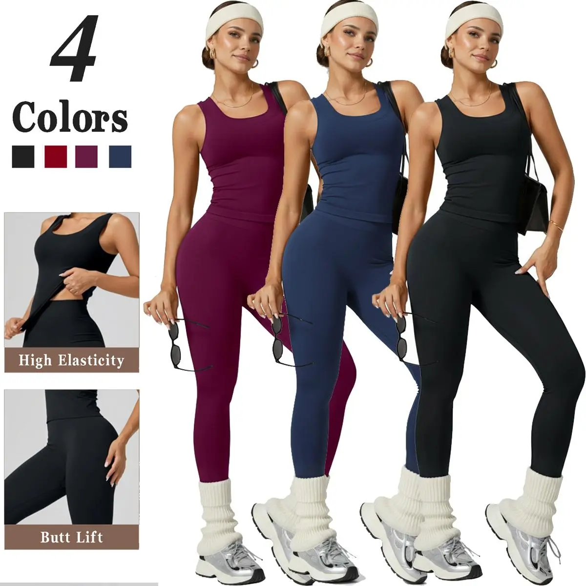 Women's 2-Piece Yoga Set, Solid Sleeveless Top & High-Waisted Compression Leggings, Quick Dry Medium Stretch Nylon Fabric, Athletic Tracksuit Outfit for Gym Fitness, Athletic Tracksuit Set, Athletic Fashion Activewear, Sweatsuit Outfits