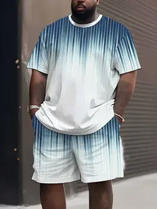 Men's Plus Size 3D Digital Stripe Tee and Shorts Set, Polyester Fiber, Summer Sports, Party, Travel Gift, Large