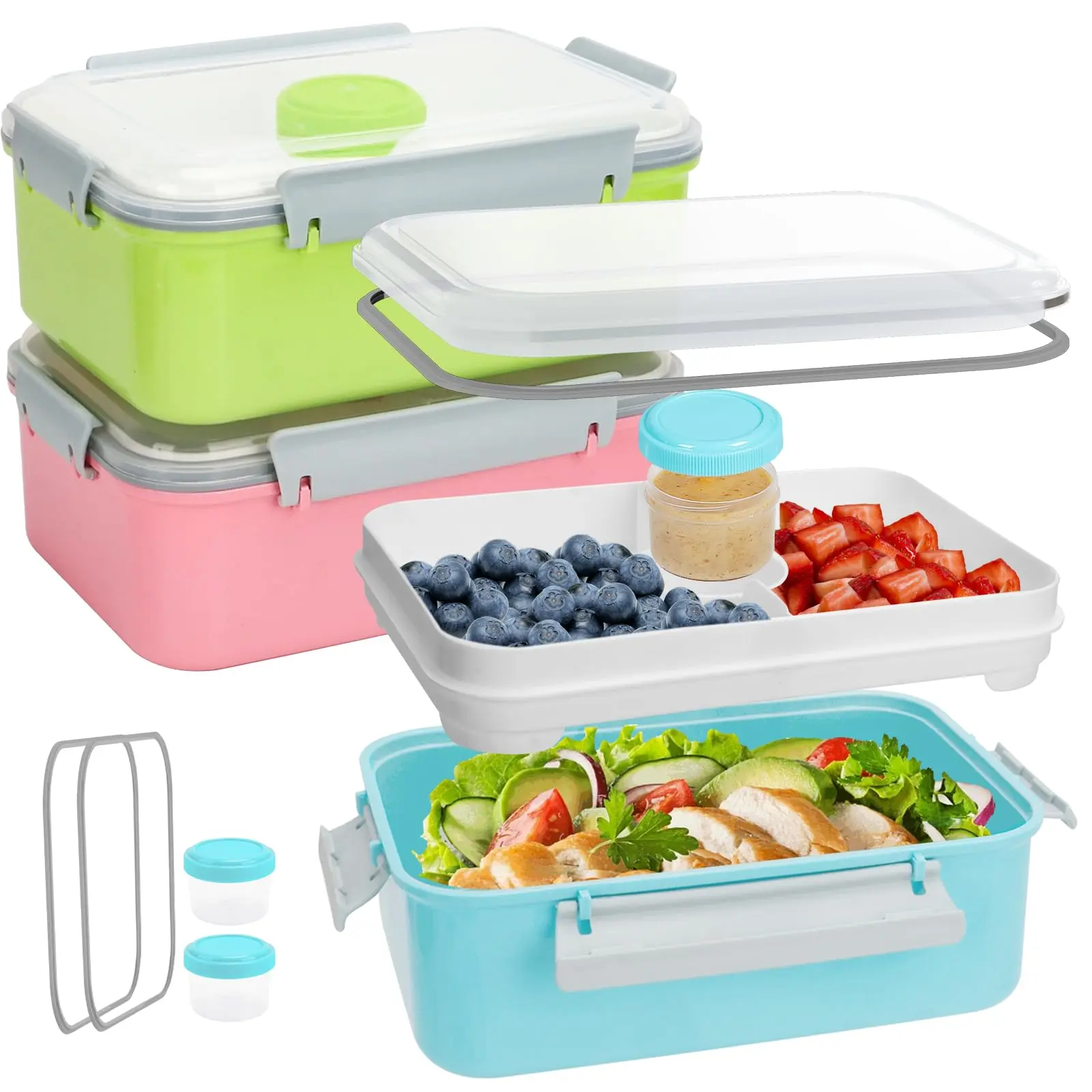 3 Pack Salad Lunch Box Food Storage Containers  47oz Bento To Go Container With Lids Meal Prep Removable Tray & Dressing Pots For And Adults Reusable Microwavable
