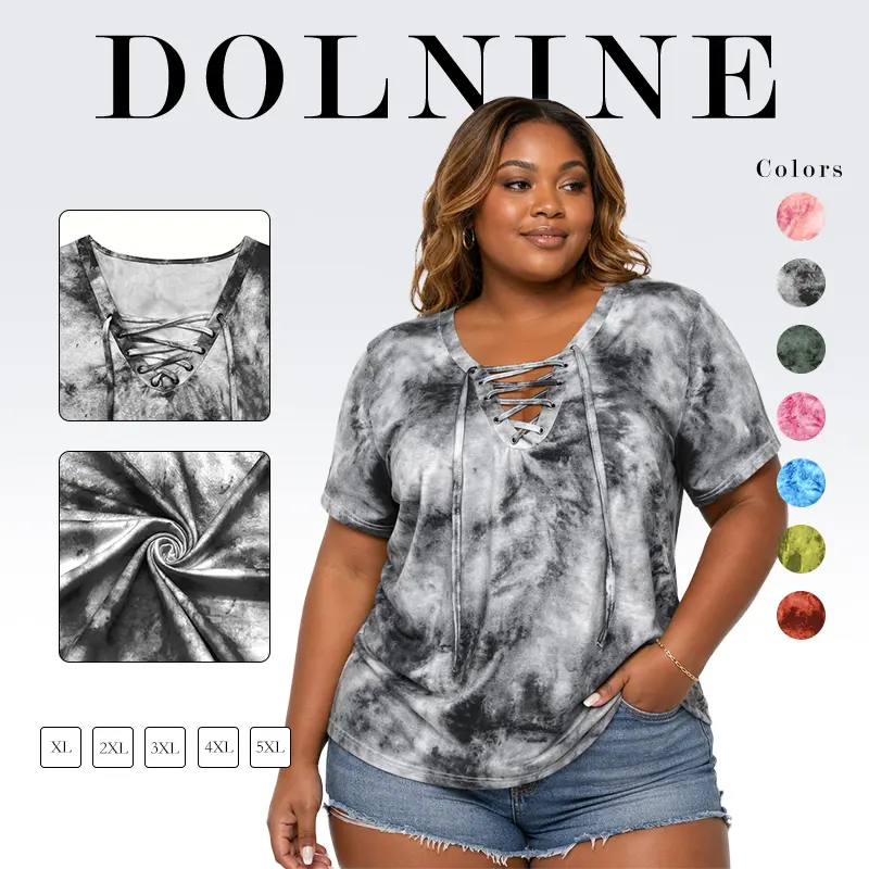 DOLNINE Plus Size T-Shirt for Women, Casual Summer Tie-Dye V-Neck Tunic Top with Short Sleeves and a Bow-Front Lace-Up Detail, Bow-Front Lace-Up Women's T-Shirts, Deep V Top Women's T-Shirts