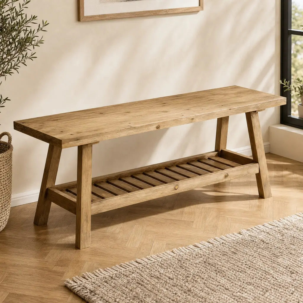 43-Inch Farmhouse Solid Wood Storage Bench, 2-Tier Entryway Bench with Open Shelf, Narrow Rustic Wooden Shoe Bench for Hallway, Living Room, Bedroom, Kitchen, Dining Room, Distressed Gray Finish, 300lb Capacity, Gray Color Options