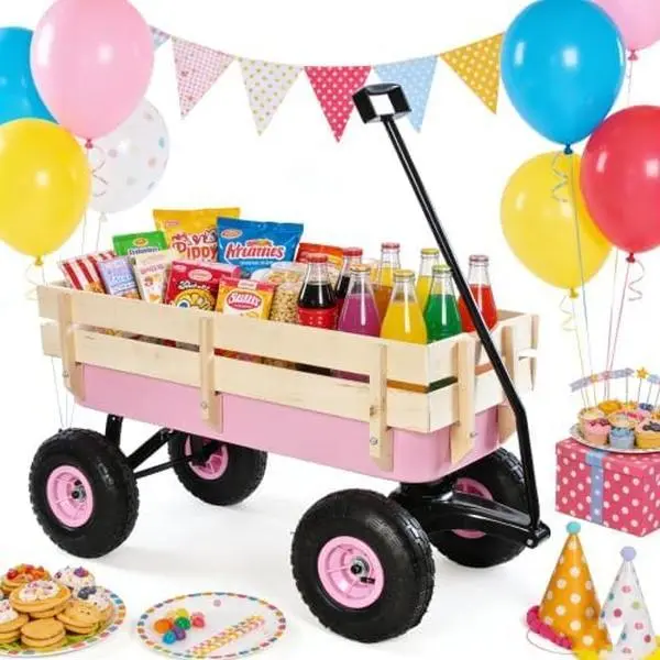 Pink Wooden Utility Wagon - Foldable Garden Handcart with All-Terrain Wheels, Removable Side Panels - Kids Pull Cart, Pet Stroller for Halloween, Christmas