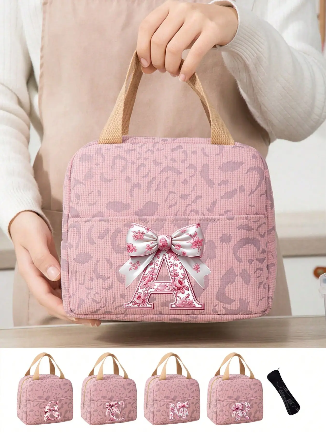 Women Girls Personalized Letter Lunch Bag, Cute Bow Insulated Lunch Box, Cute Bento Bag, Leak-Proof Reusable, Large Capacity, Office School Picnic Beach, Lunch Work Bag
