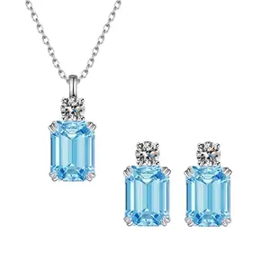 925 Sterling Silver Emerald‑Cut Aquamarine Jewelry Set, Matching Pendant Necklace & Stud Earrings, Luxury Cool‑Tone Fine Jewelry For Wedding, Anniversary, Dating & Gifting