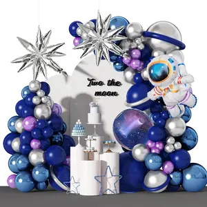 139Pcs Space Balloon Garland Arch Kit Outer Space Birthday Decorations With Blue Purple Silver Galaxy Astronaut Foil Balloons For Boys Kids Themed Birthday Party Decoration Supplies