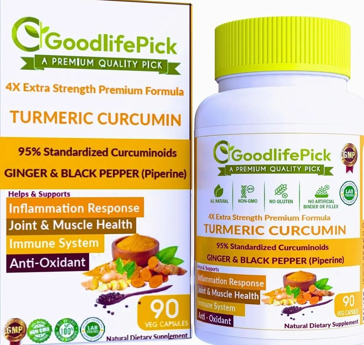 Premium Turmeric Capsules with Ginger and Black Pepper.Turmeric Supplement from Turmeric Curcumin 95% Curcuminoids & Ginger Root AllNatural NonGMO NO Rice Powder NO Stearate NO Silica NO Gluten 90ct