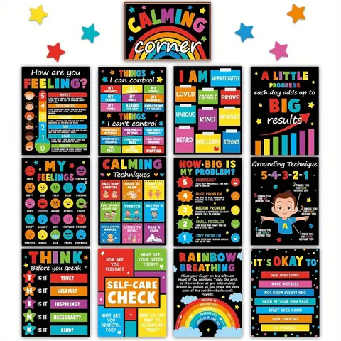 2D Flat 13pcs Frameless Colorful Calming Corner Posters for Classroom Supplies, Calm Down Corner Educational Emotion Posters Back to School Bulletin Board Wall Decor Teaching Supplies 8*10inches