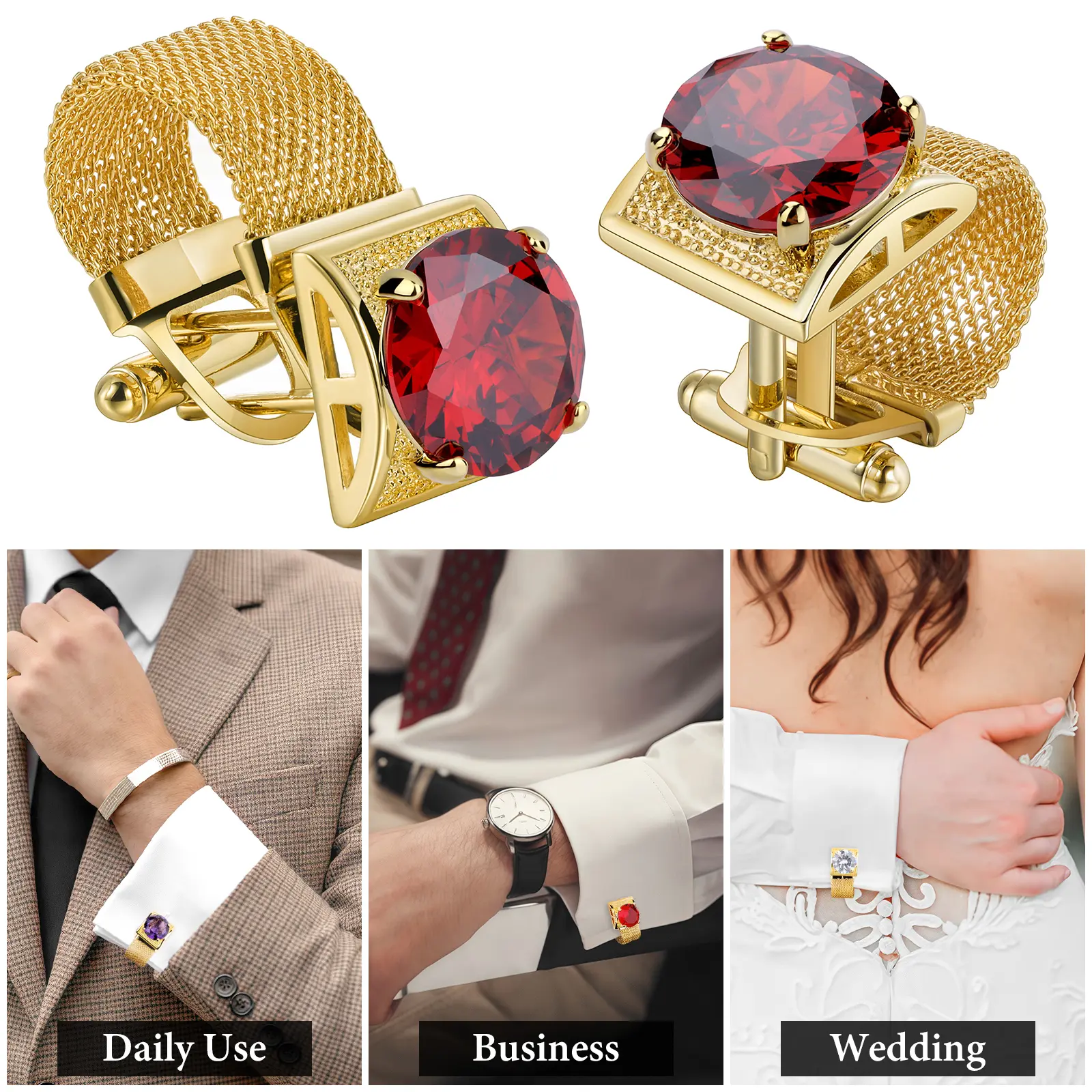 FashionUS - HAWSON Gold Crystal Cufflinks For Men With Chain Luxury Cuff Wedding Party groom cufflinks&father of bride gift Accessories