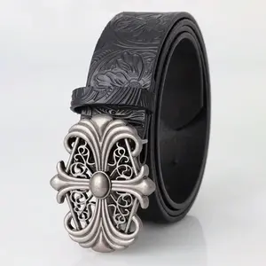 Retro Belt Bohemian Style-Chic Black PU Leather Belt 3.8cm Width Fashion Vintage Hollow Filigree Buckle Punk Rock Y2K Unisex for Men Women
