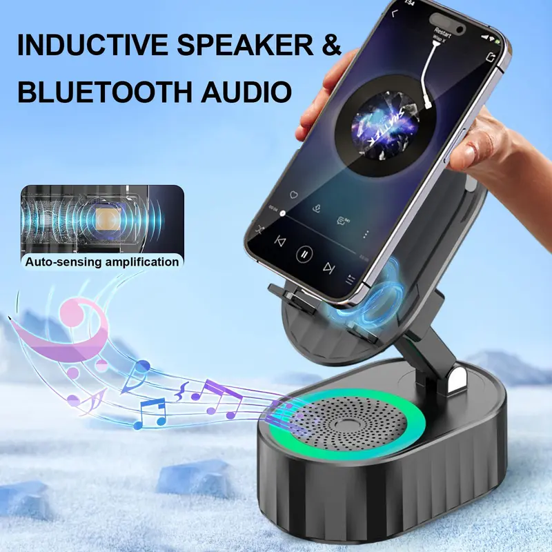 AKLLCCR Wireless Induction Audio Bluetooth Speaker 5in1 Cellphone Holder USB Emergency Rechargeable (5000mAh) Portable Power Mobile Tablet Stand with Colorful Ambient Light Gifts for Friend, Family