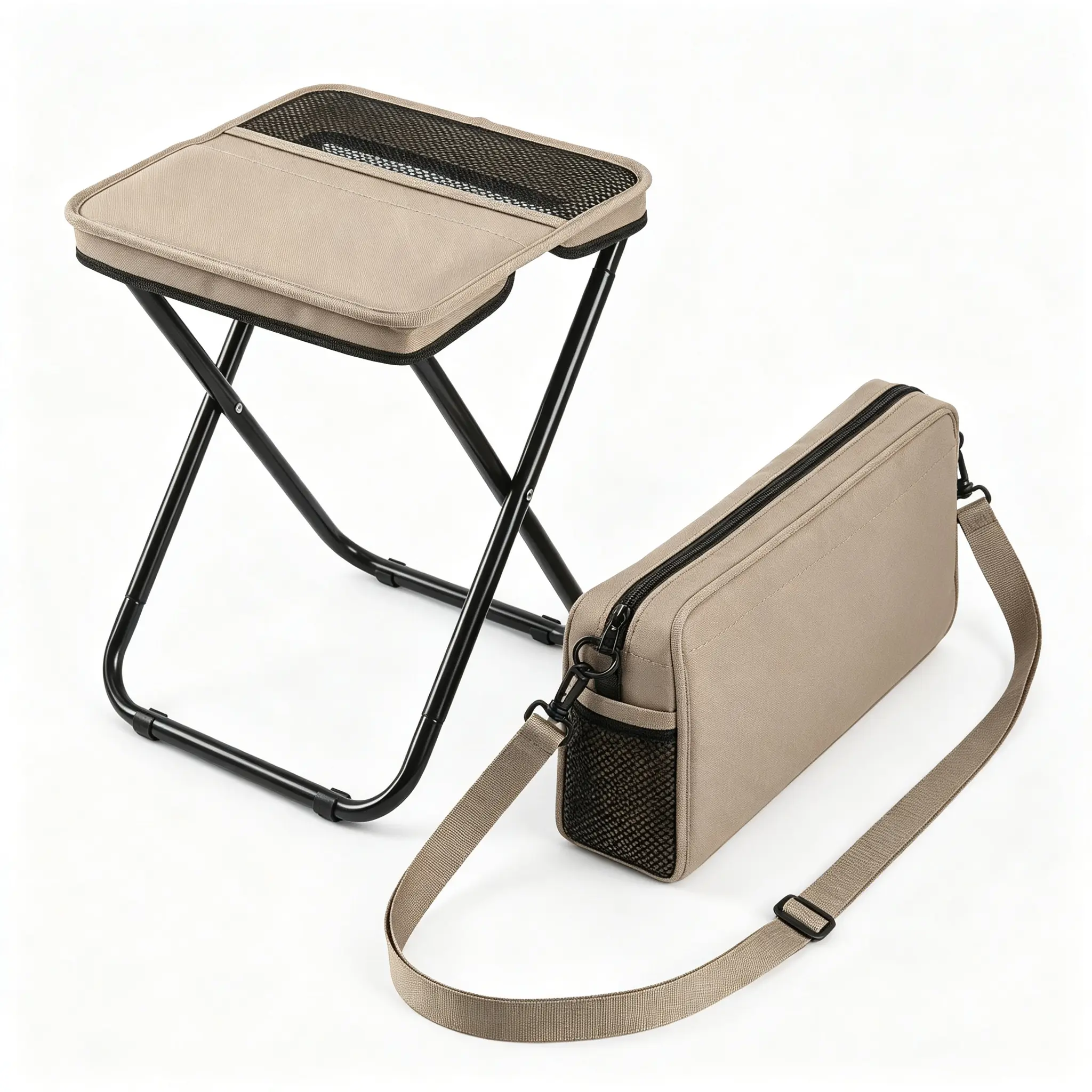 16" Extra Tall Portable Folding Stool for Adults, X-Large Collapsible Camping Chair with 3 Storage Pockets, Heavy Duty Travel Seat for Fishing, Hiking, Gardening