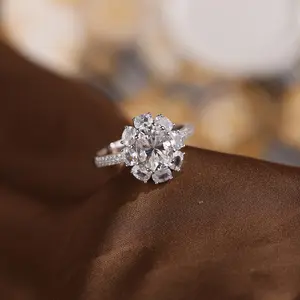 2ct Oval Moissanite Flower Ring - Sparkling Cluster Design, Sterling Silver Band, Eye-Catching Engagement/Wedding Jewelry