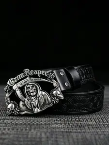 1Pcs "Sword Skeleton" Super Cool Alloy Plate Buckle, Unisex Fashion Trendy Accessory, 1.46in/3.7cm Wide Tartan Embossed Belt, Western Belts, Perfect for Trendy Outfits, Western Cowboy Style, Halloween Costume Wear.
