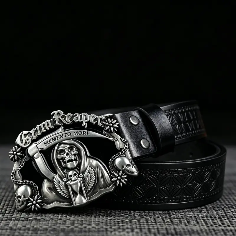1Pcs "Sword Skeleton" Super Cool Alloy Plate Buckle, Unisex Fashion Trendy Accessory, 1.46in/3.7cm Wide Tartan Embossed Design Belt, Western Belts, Perfect for Trendy Outfits, Western Cowboy Style, Halloween Costume Wear.