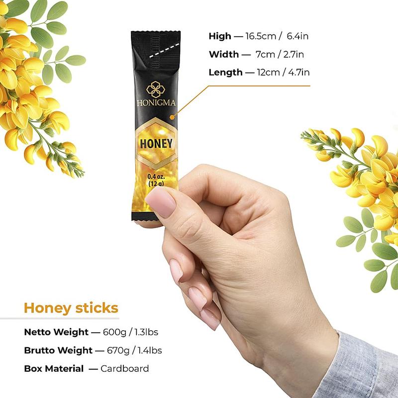 HONIGMA Deliciously Sweet Acacia Honey Sticks - 50 Count (12g each) | Pure Ukrainian Honey | Sustainably Sourced | Bursting with Flavor & Health Benefits