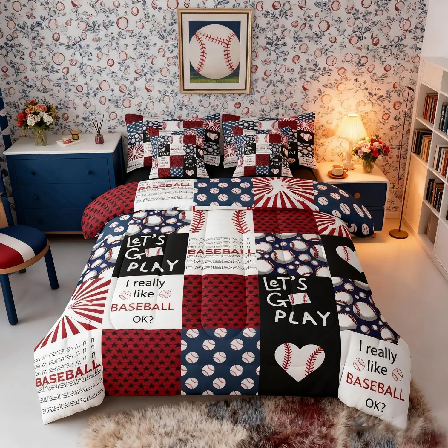 Boys Baseball Comforter Set,7 Piece Bed in a Bag,Baseball Fan Bedding Set,Red Blue Ball Sports Comforter and Sheet Set,Patchwork Style Softball Game Room Decor