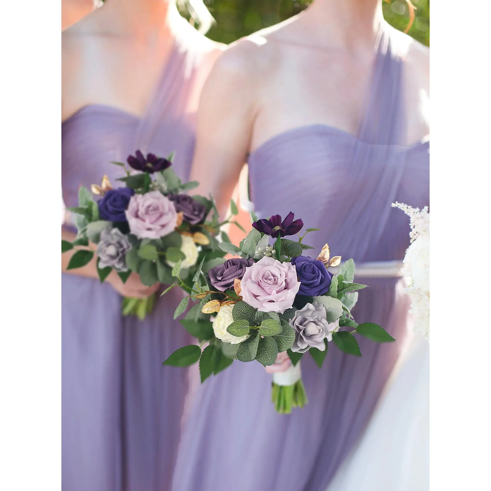 Rinlong 8.6in Wide Dark Purple Lavender Silk Wedding Flower Bouquet - 11.8"h x 8.6"w, Elegant Decorative, Lifelike Look, Luxurious Alternative to Fresh Flowers, Bridesmaid Wedding Decor Accessory
