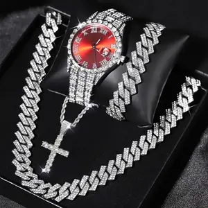 3 PCs/4 PCs, Men's Watch Suit, Mayer's Cuba Necklace, Bracelet Set Suit, Men's Cross Necklace Gift Set
