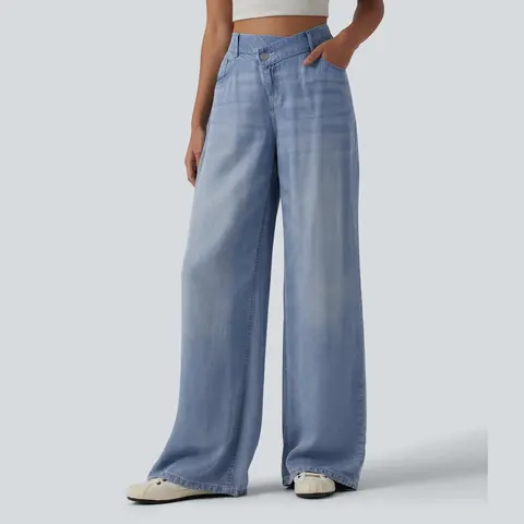 Halara Asymmetric Mid Rise Draped Wide Leg Casual Jeans with Pockets