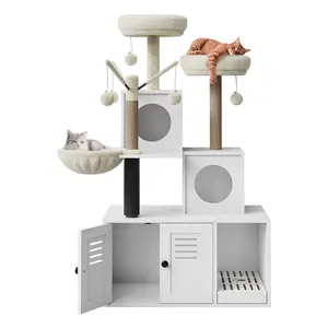Cat Tree with Litter Box Enclosure, 2 in 1 Cat Condo with Scratching Post & Soft Perches, Hidden Cat Litter Box Furniture, Wooden Cat House