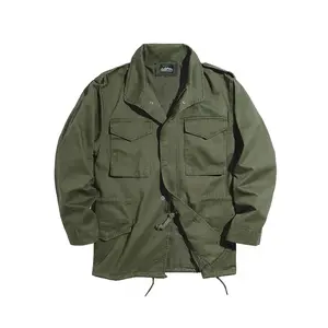 Men's pure cotton vintage collared zip-up jacket, M65 field work jacket, workwear jackets, multi-pocket design, drawstrings at the waist and hem, suitable for daily casual outdoor activities in spring, autumn, and winter.