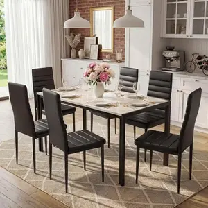 Loftiage 7 Piece Dining Table Set, Marble Dining Room Table Set for 6, Space Saving Kitchen Table and Chairs for 6, Dinner Table Set for Living Room, Sturdy Metal Frame, Small Spaces.