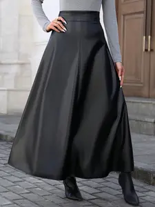 New Fall Winter High Waist PU Leather Skirt, Slimming A-Line Umbrella Skirt, Casual Long Skirt for All Seasons, Women's Fashion
