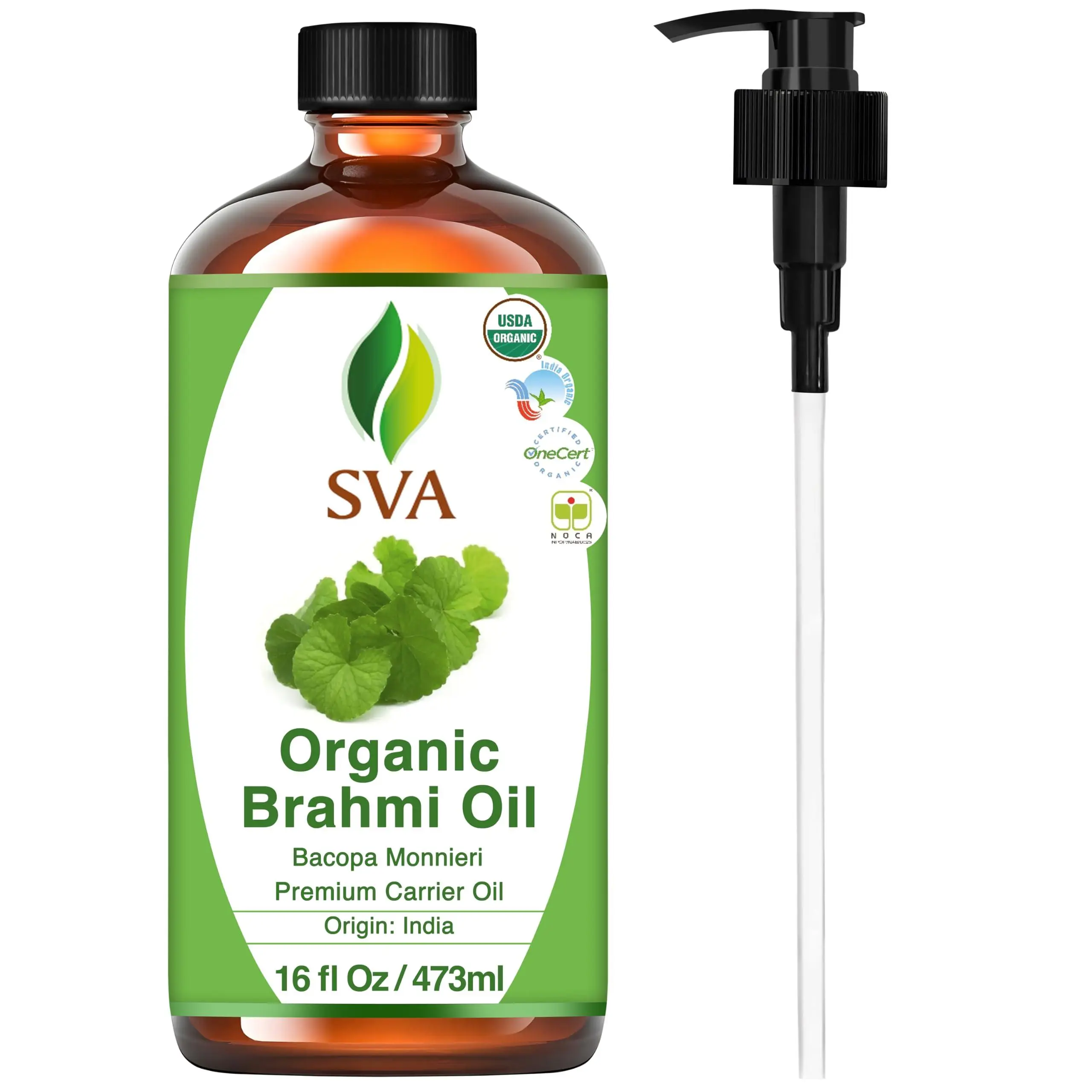 SVA Brahmi Oil Organic - 16 Fl Oz – 100% Natural Cold Pressed Organic Brahmi- for Face, Skin Care, Hair Care, Scalp Massage & Body Massage – Carrier Oil