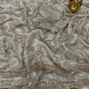 Indian Wedding Saree with Gold Handwork in Space Silk Fabric Party Bridal