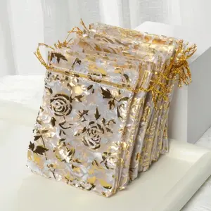 20 Gold Foil Floral Drawstring Gift Bags 9x12 Cm Gift Wrapping Supplies, Creative Gift Packaging, Christmas Candy Jewelry Pouches, Wedding Birthday Party Favors, Metal Print Rope Seal