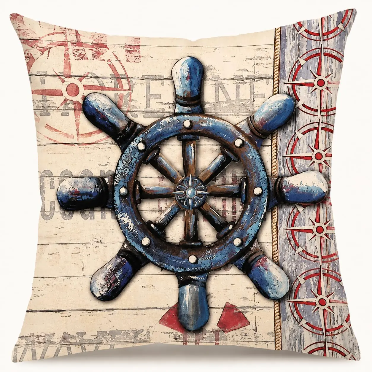 Huglina Nautical Ship Wheel Throw Pillow, 18x18 Inch Full Decorative Pillow with Insert Included, Coastal Beach House Accent Cushion, Rustic Maritime Helm Pillow for Living Room Bedroom Decor